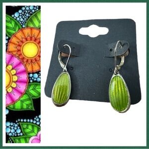 Green Enamel Ribbed Oval Lever Back Earrings.  Silver Tone